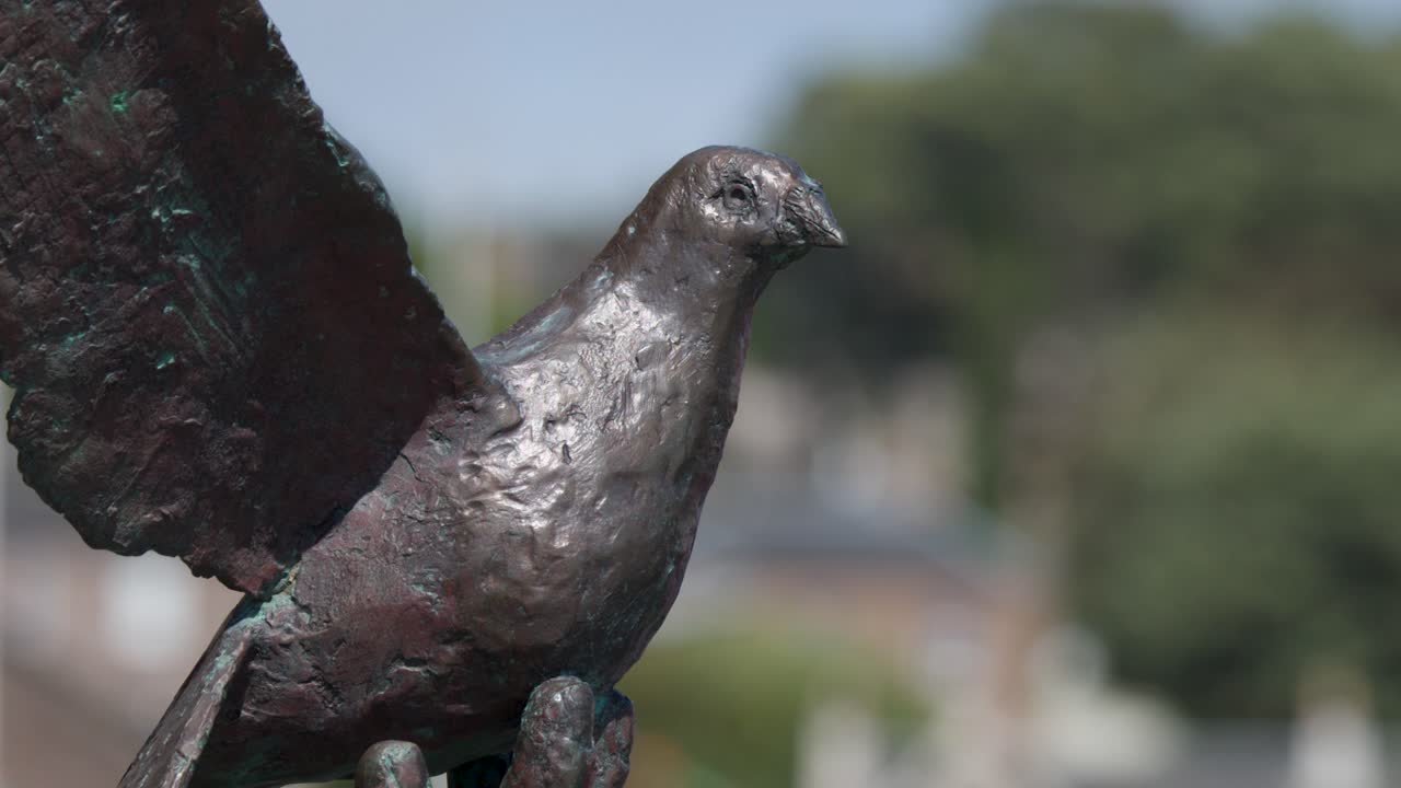 Static close-up of bronze dove sculpture outdoors, natural daylight, shallow depth of field, steady camera