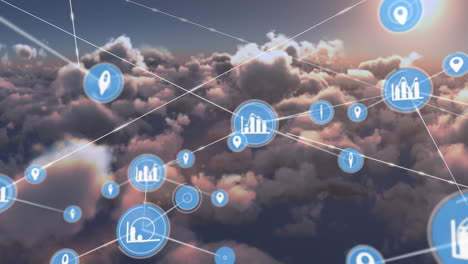 animación de una red de iconos digitales contra nubes y sol en el cielo