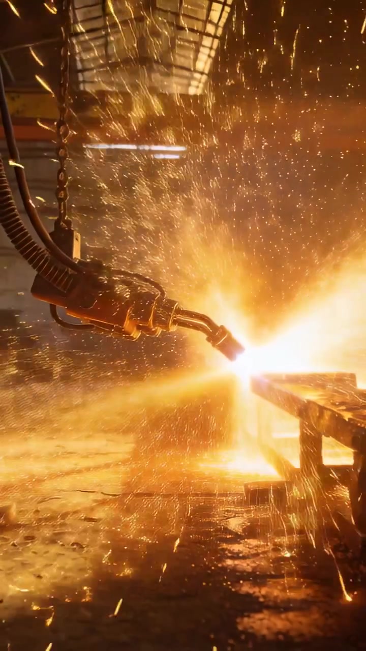 Vertical video: Contacting edge, robot torch igniting plasma arc, cutting frame with sparks in shop