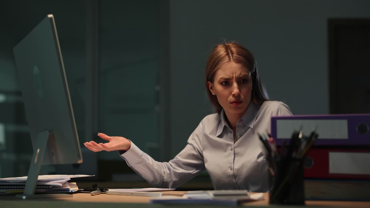 mujer que trabaja hasta tarde en la oficina