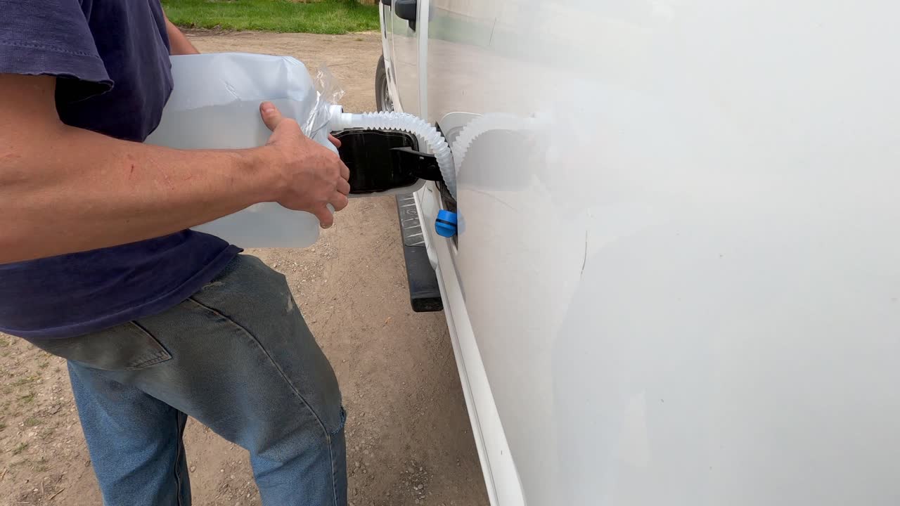 el hombre vierte la definición en un automóvil con motor diesel, vista lateral