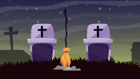 spooky graveyard at night with witch's broom