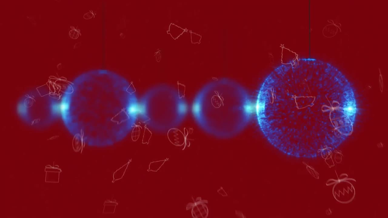 ⁇ 은 배경에 떨어지는 크리스마스 컨셉 아이콘에 대해 여러 개의 파란색 바블을 매달고 있습니다.