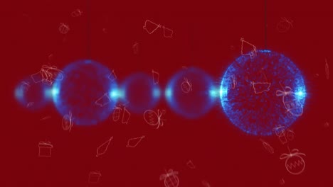 múltiples bolas azules colgantes contra los iconos del concepto de navidad que caen contra el fondo rojo