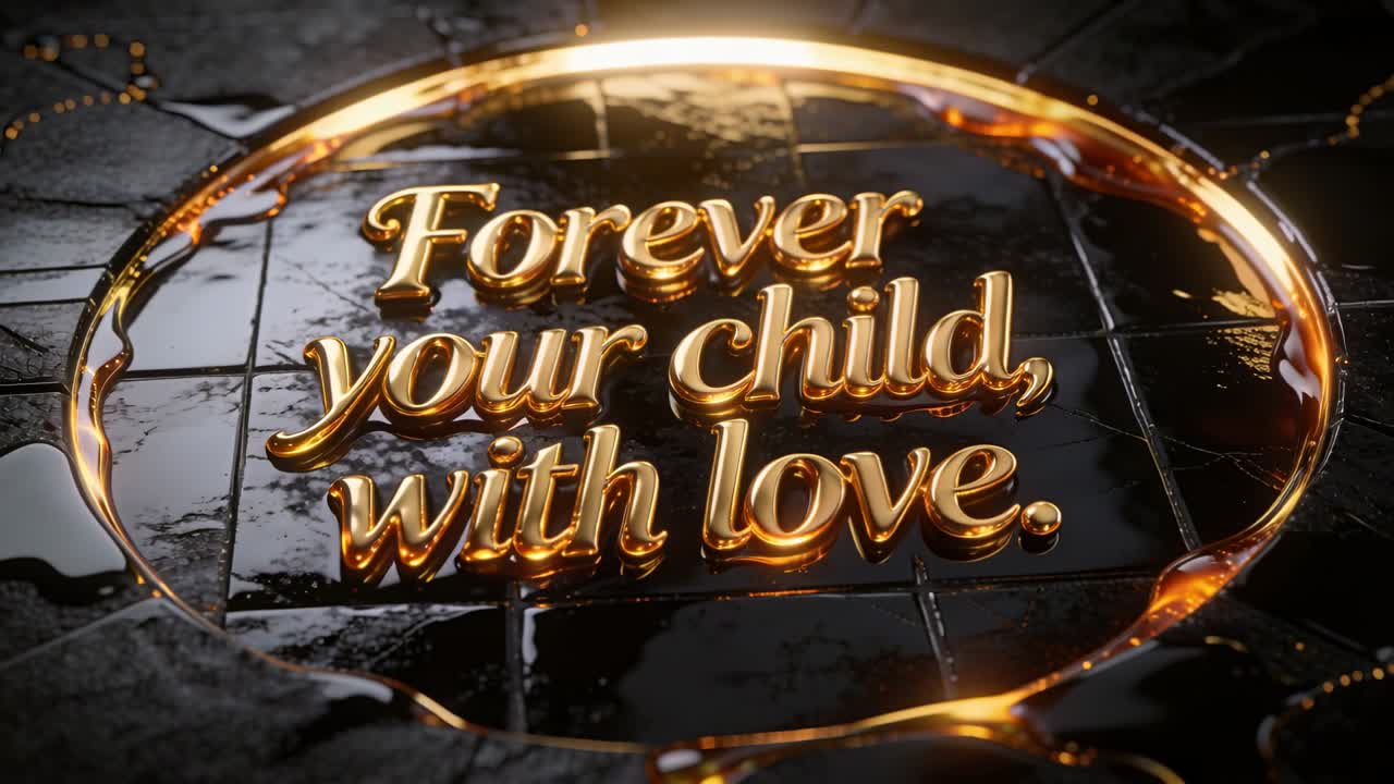 Revealing Forever your child with love gold text camera panning rim light sweeping black tiles ring
