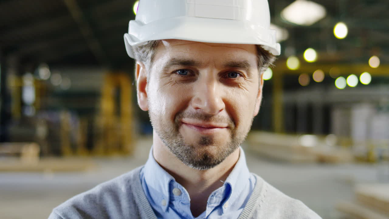 Close-up view of caucasian male worker wearing a helmet and posing to the camera in a factory