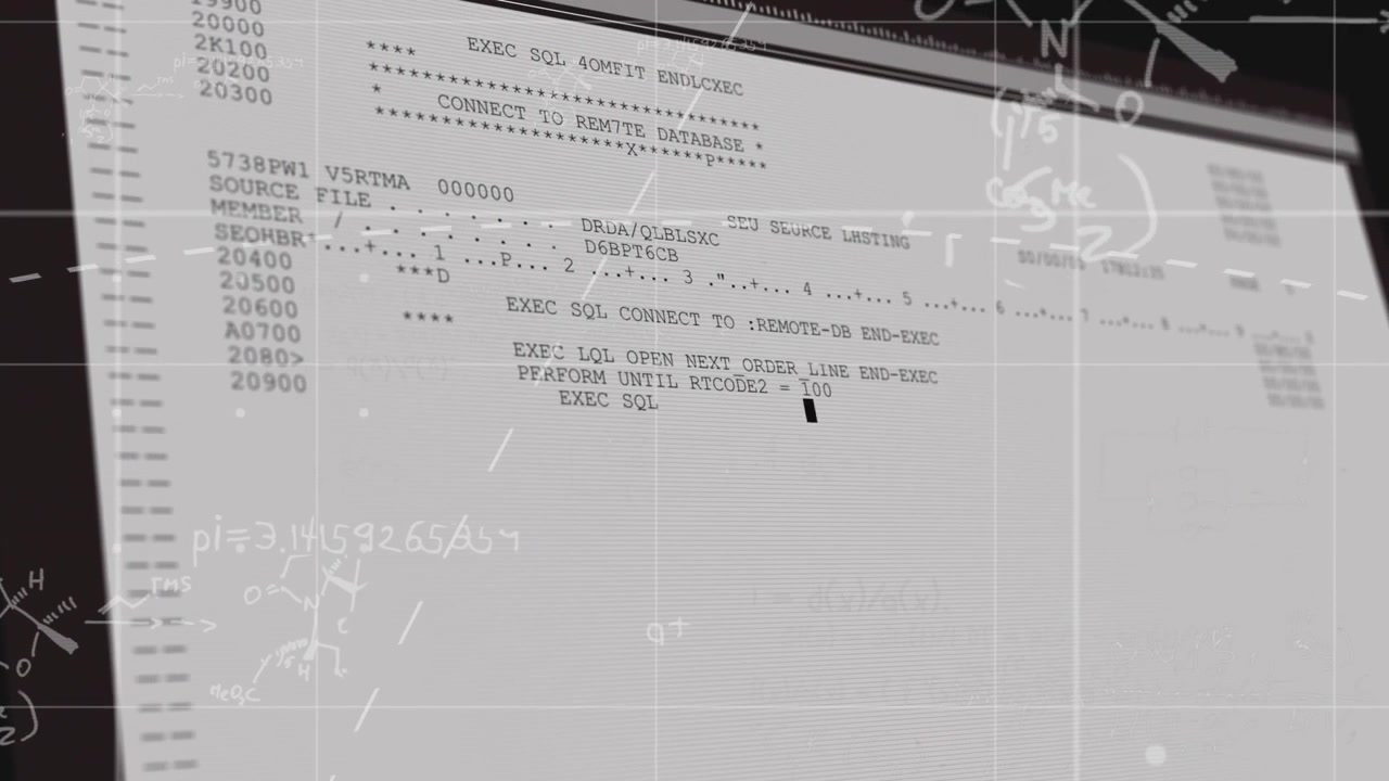 Camera panning monitor revealing SQL code and fading math chemistry overlays emphasizing commit
