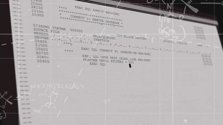Camera panning monitor revealing SQL code and fading math chemistry overlays emphasizing commit