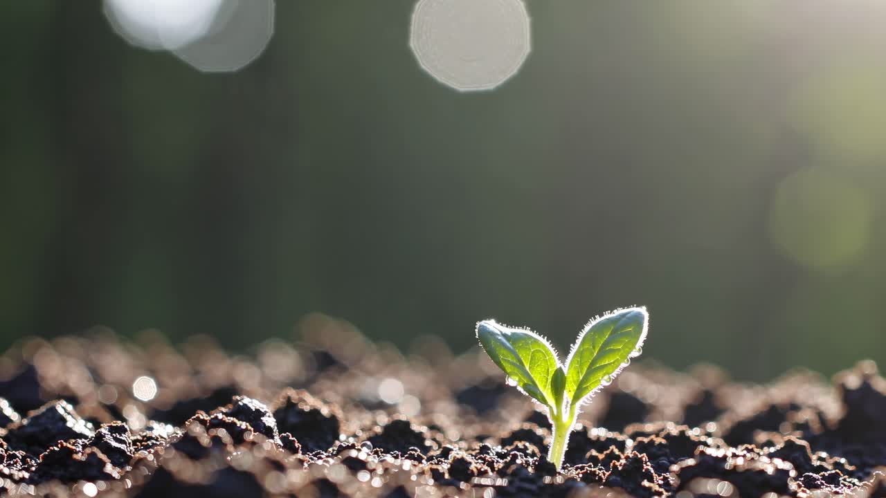Close-up video of a small plant sprouting from soil, captured at a low angle with soft, natural