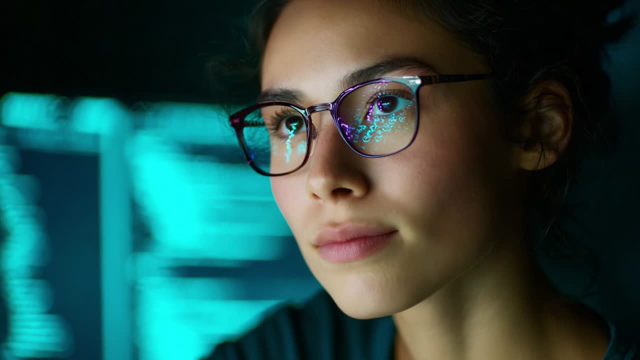 A focused individual wearing glasses gazes intently as digital code illuminated by computer screens reflects in their eyewear, capturing the essence of modern technology and concentration