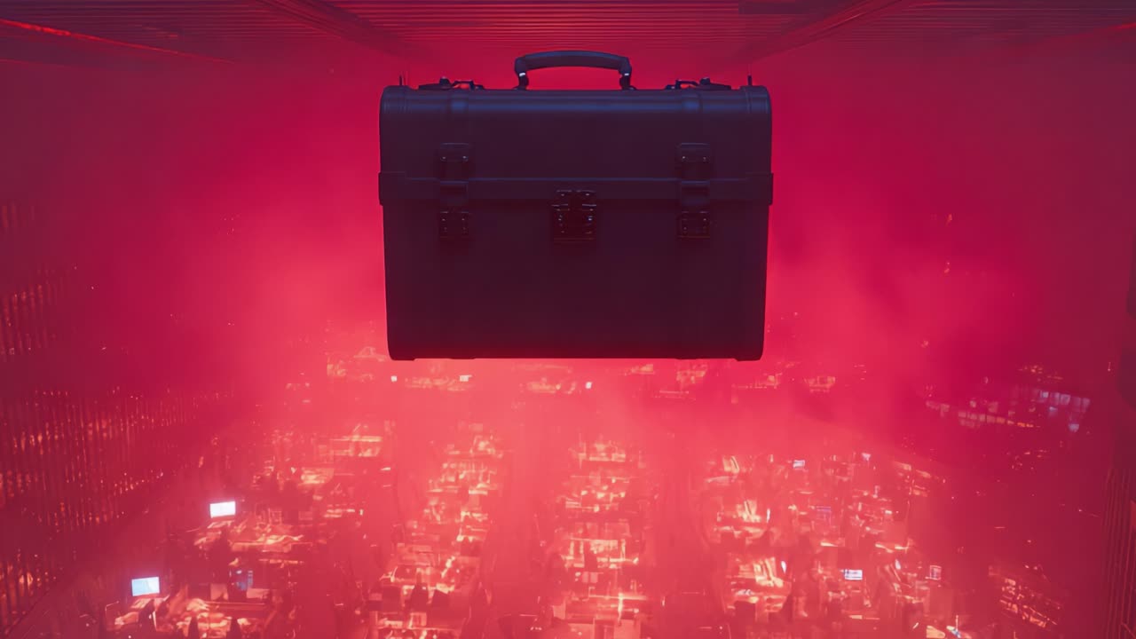 Black briefcase slowly descending into a vast, modern corporate office space illuminated by intense red emergency lighting, creating a suspenseful and mysterious atmosphere of corporate espionage