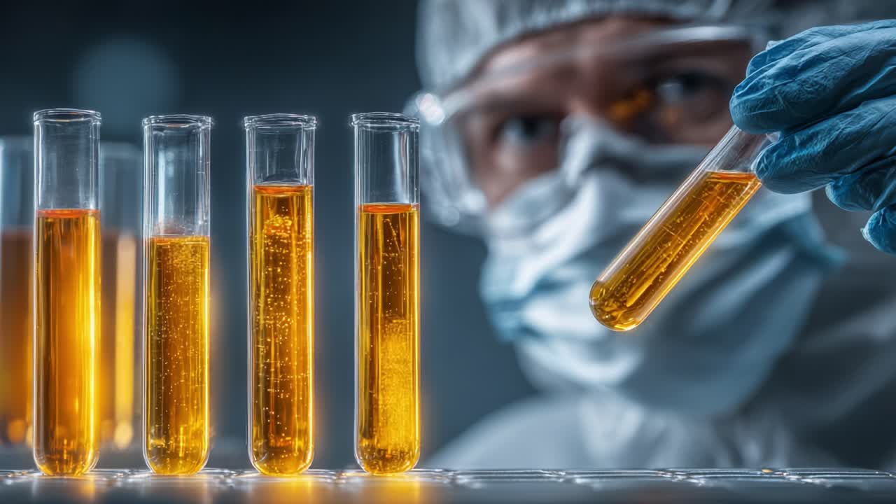 A focused scientist in a laboratory carefully analyzes a test tube filled with a golden liquid, surrounded by multiple similar test tubes, showcasing the precision of scientific experimentation