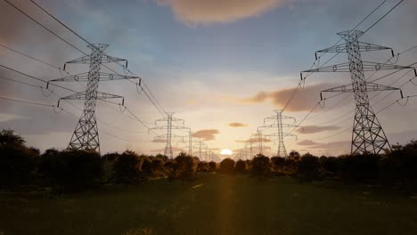 power lines at sunset over a field