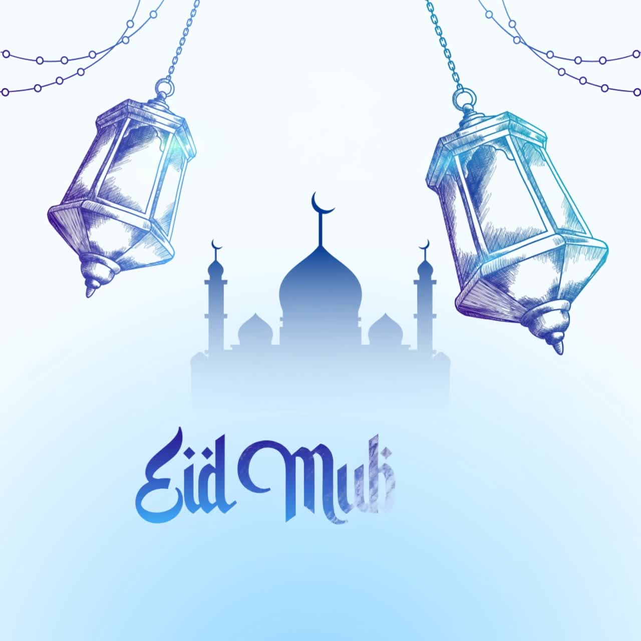 Animazione di design per auguri Eid Mubarak: illustrazione di luna crescente che abbraccia una moschea, con stelle e luci decorative su sfondo festivo