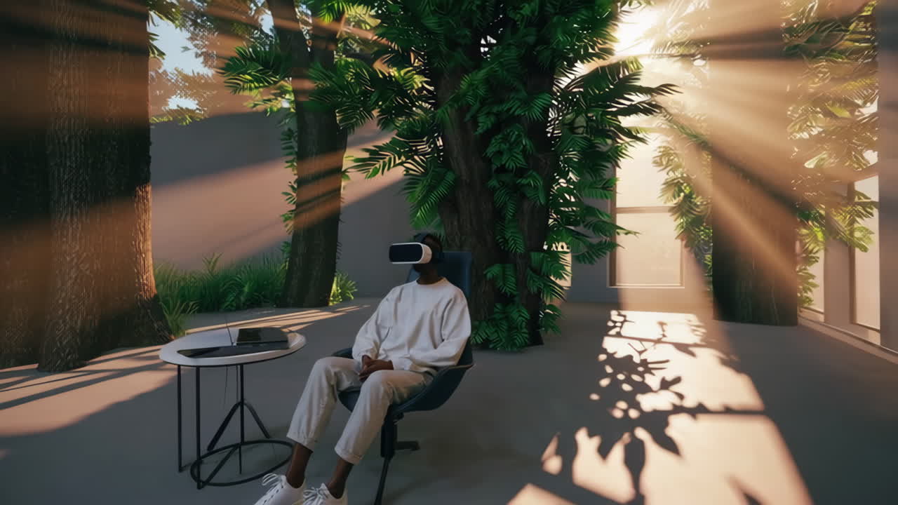 Person Wearing VR Headset in a Modern Interior with Nature Elements
