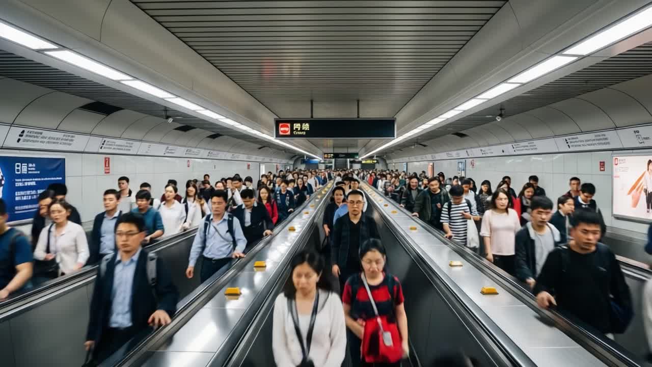 Busy Commuters on Escalators in a Modern Subway Station