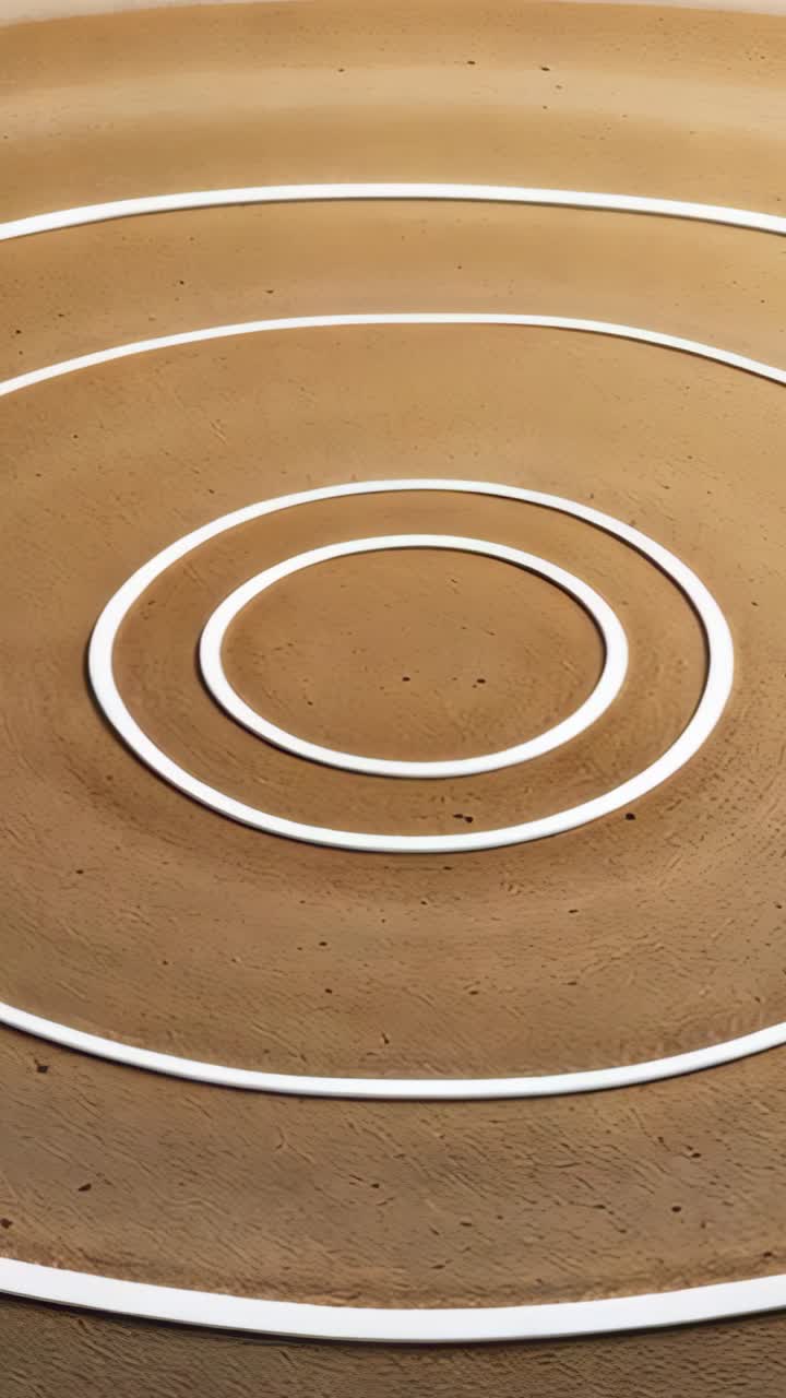 Vertical video: Starting recording camera capturing white concentric rings on sand, showing pattern