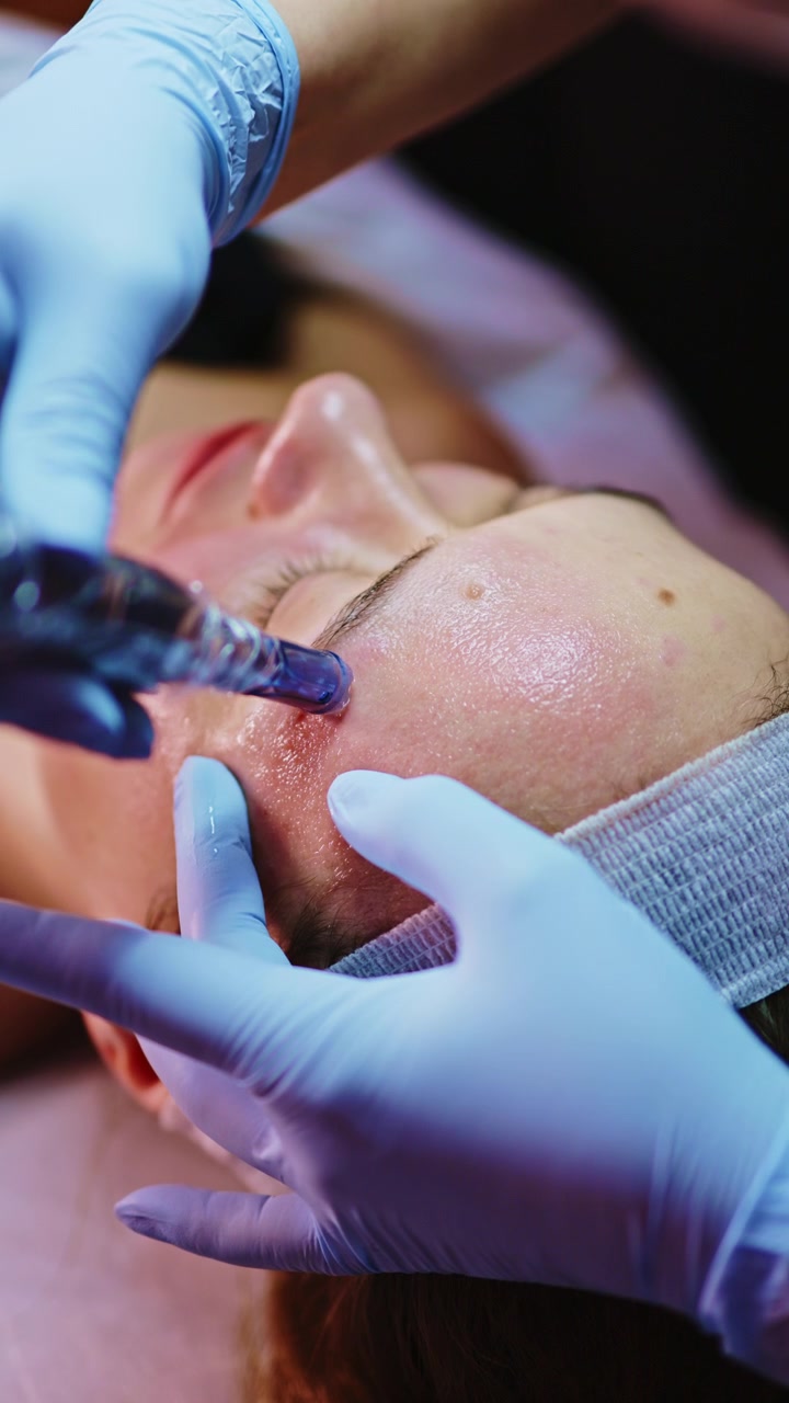 Procedura di microneedling in una clinica estetica con un paziente che riceve un trattamento sulla zona della fronte di giorno.