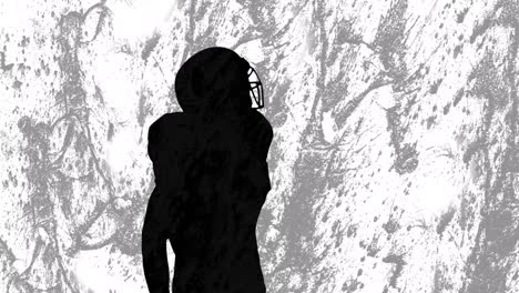 animation of silhouette of male american football player over shapes on grey background