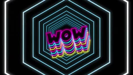 Neon-wow-text-with-shadow-effect-against-blue-hexagons-in-seamless-motion-on-black-background