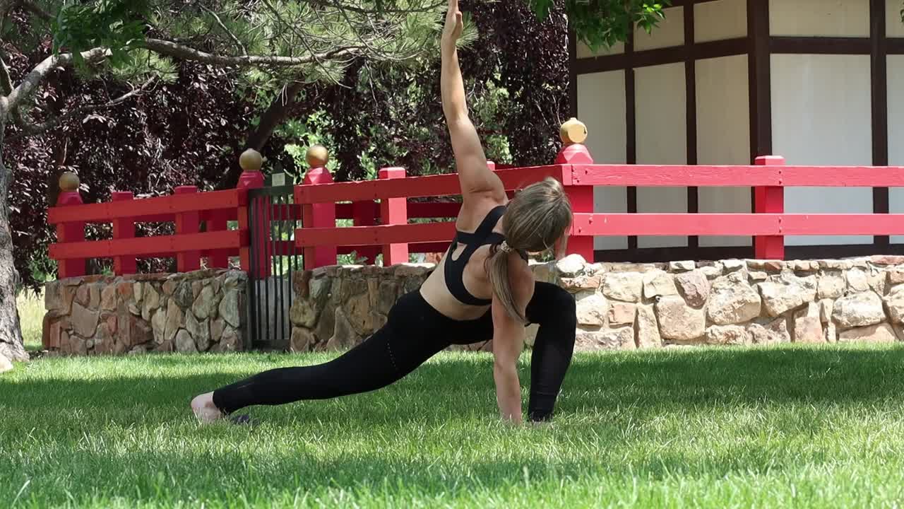 A woman works her athletic form in a yoga workout in a public park. Her strong shoulders and core help her to maintain peak agility