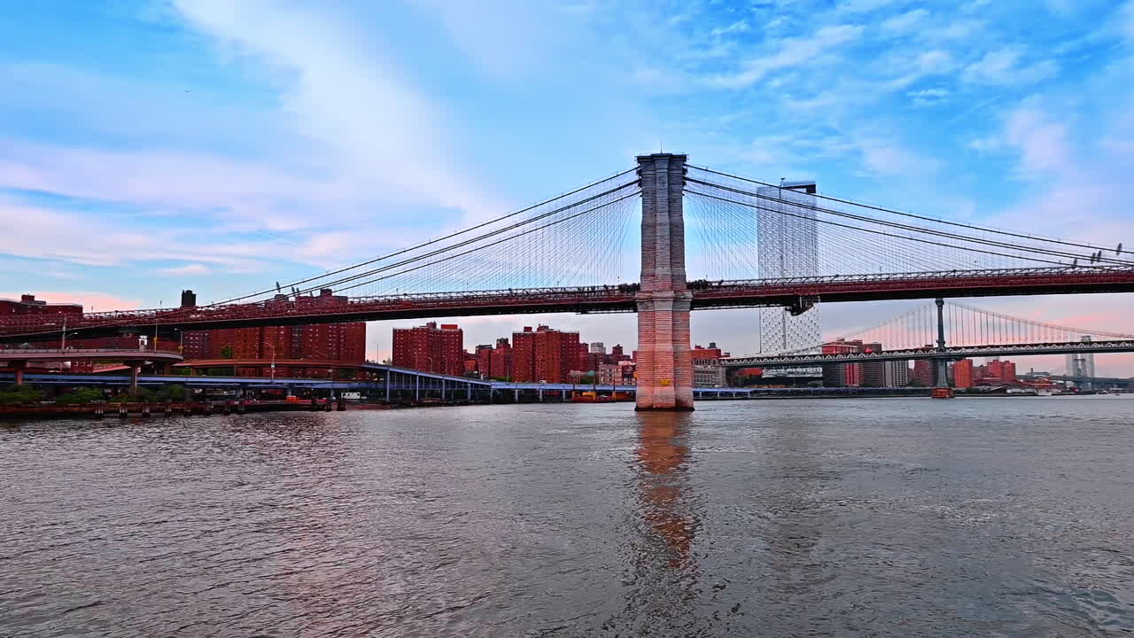 Riverboat tour by the East River in New York, USA. Low angle view at the famous Brooklyn Bridge