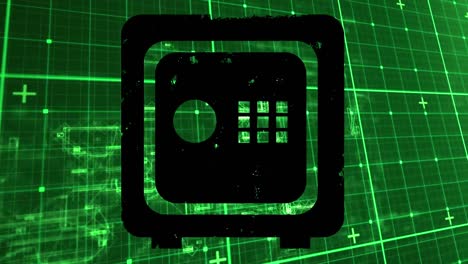 animación de la red de conexiones y el icono de la caja de seguridad sobre la cuadrícula