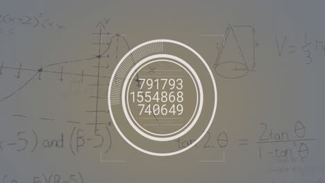 animación de números cambiantes sobre escáner redondo y ecuaciones matemáticas contra un fondo gris