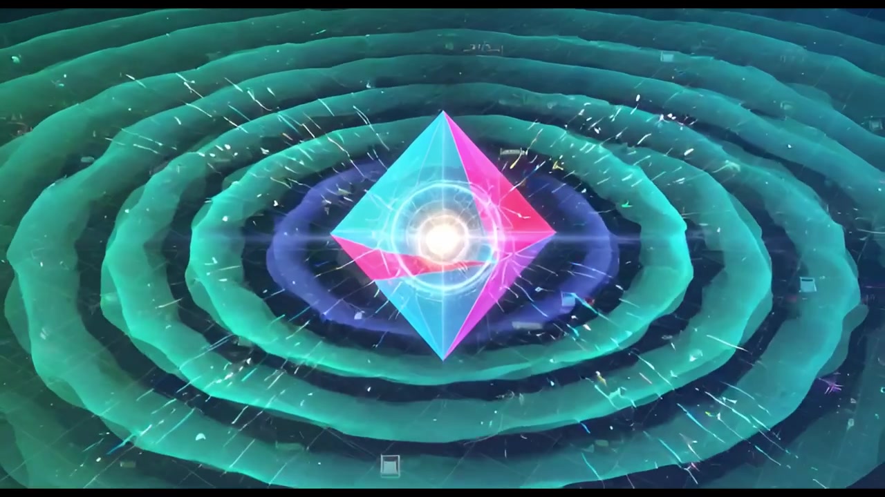 Digital Octahedron with Glowing Core and Concentric Energy Rings