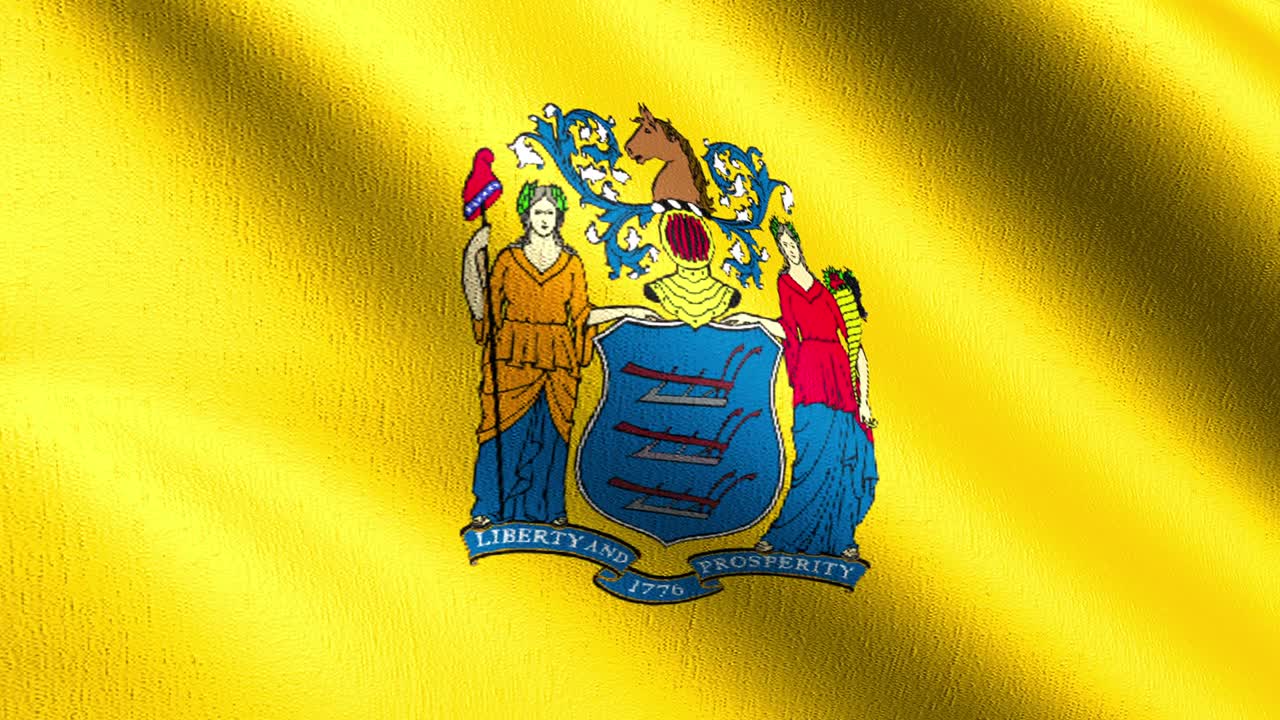 bucle sin costura 4k vdo. bandera del estado de new jersey en los estados unidos de américa, estados unidos, soplando en el viento aislado. diseño abstracto patriótico oficial. ilustración de renderización 3d del símbolo de señal de agitacion.