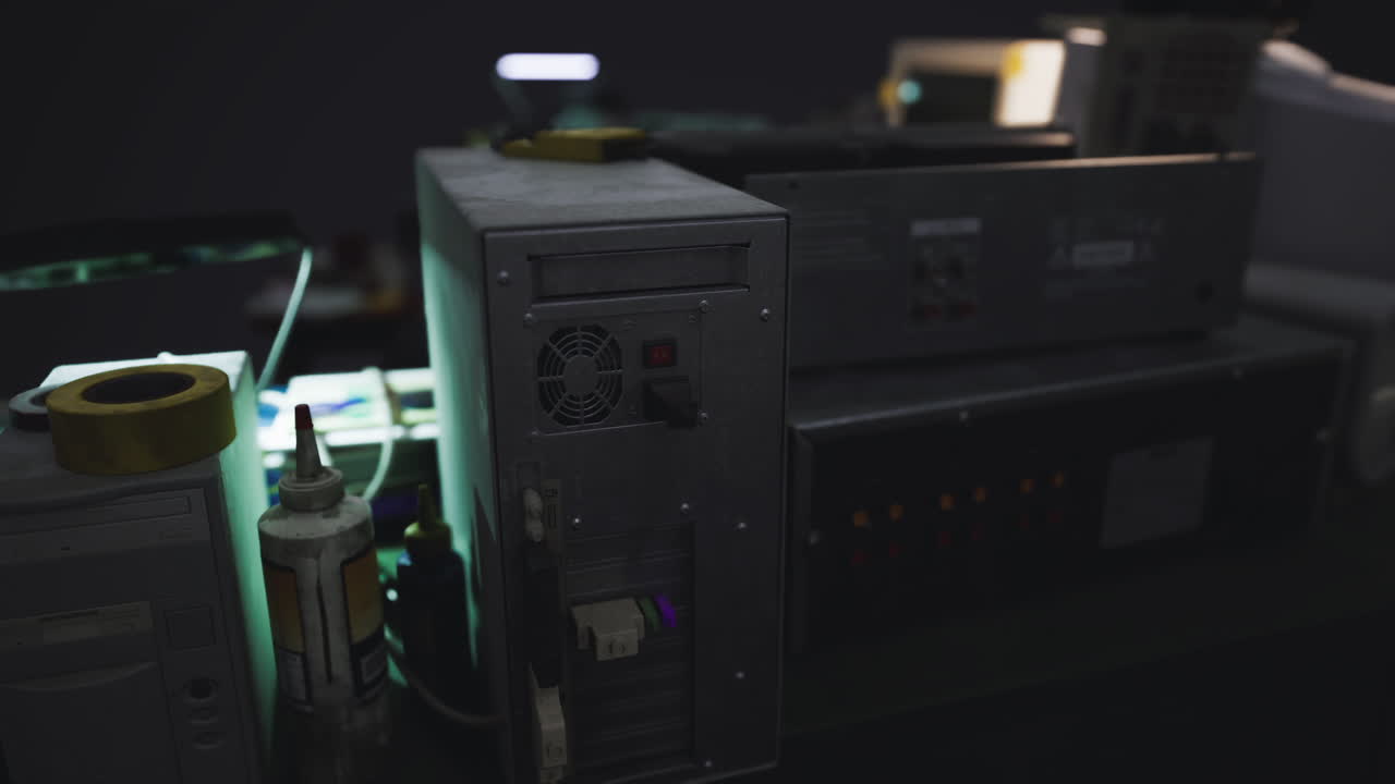 Detailed view of vintage computer equipment in a dimly lit room