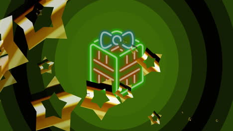 animación de estrellas que caen sobre el neón presente de navidad y círculos verdes