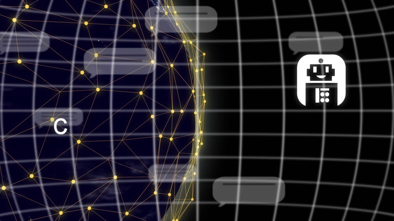 Animation of ai data processing and icons over grid and dark background