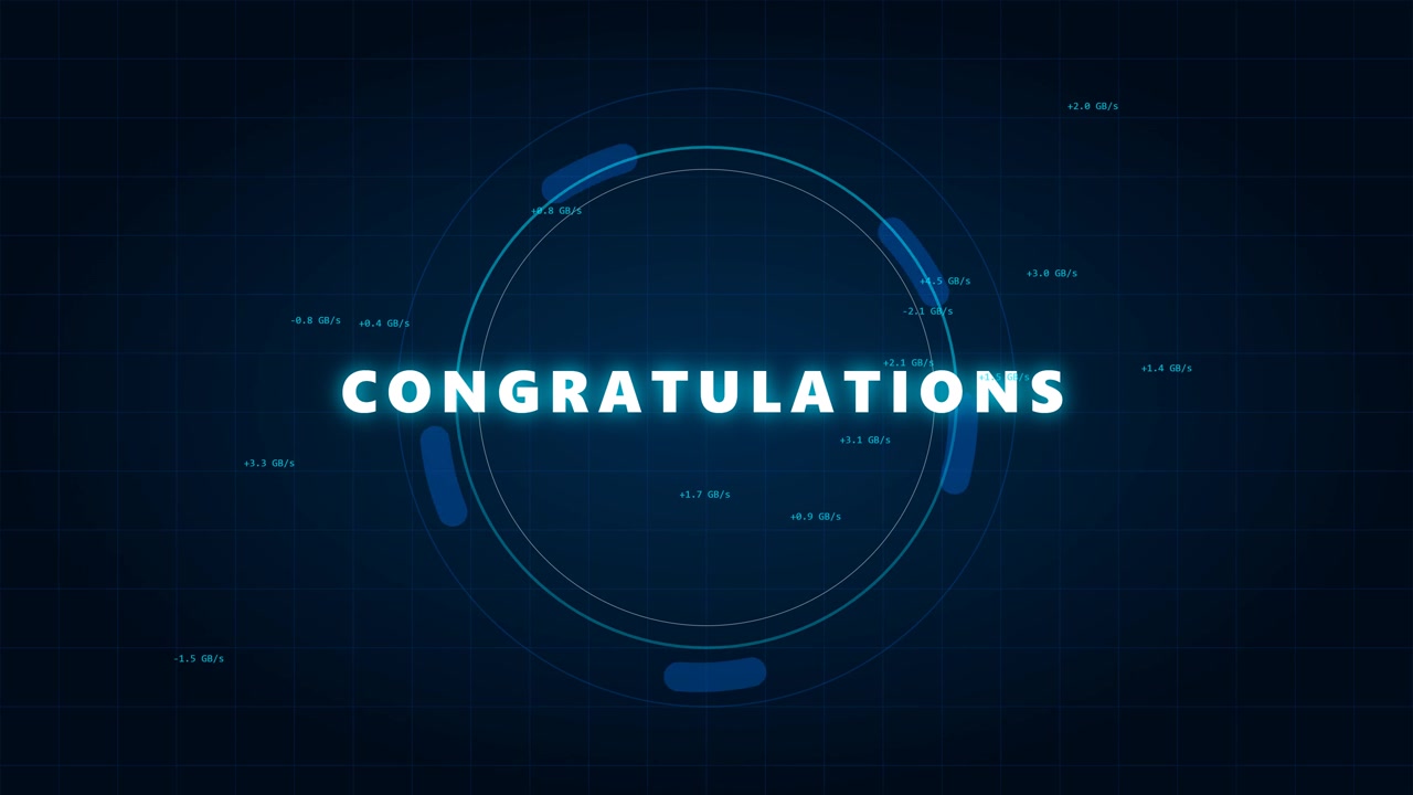 Digital Congratulations Text Animation with Futuristic HUD Elements