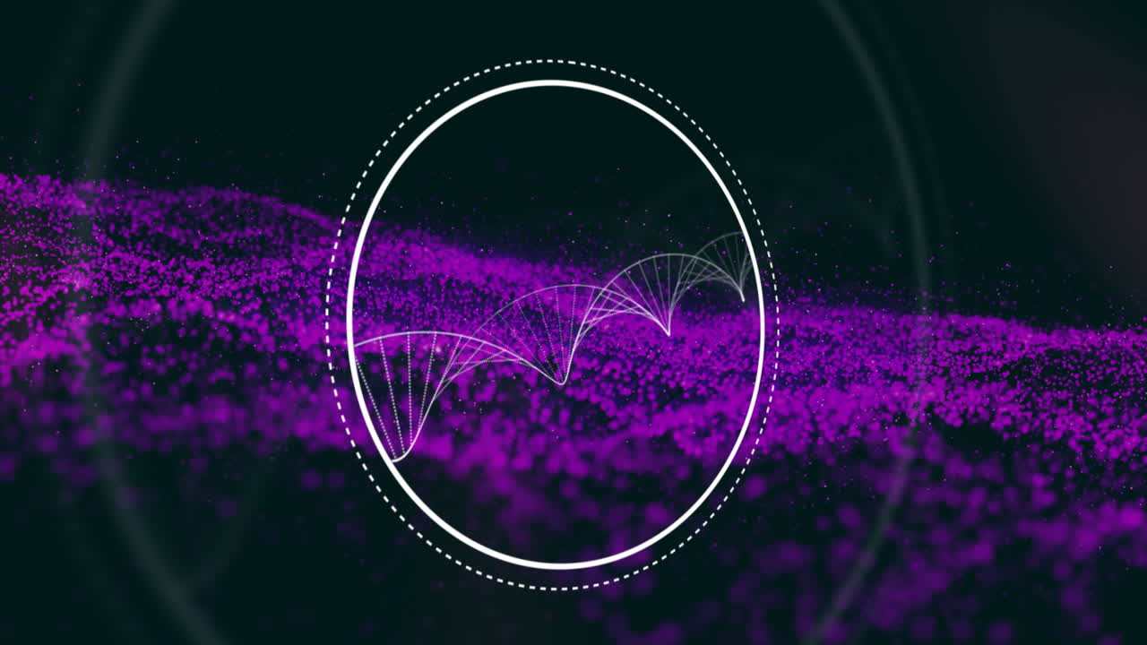 animación de la cadena de adn sobre manchas púrpuras en fondo azul