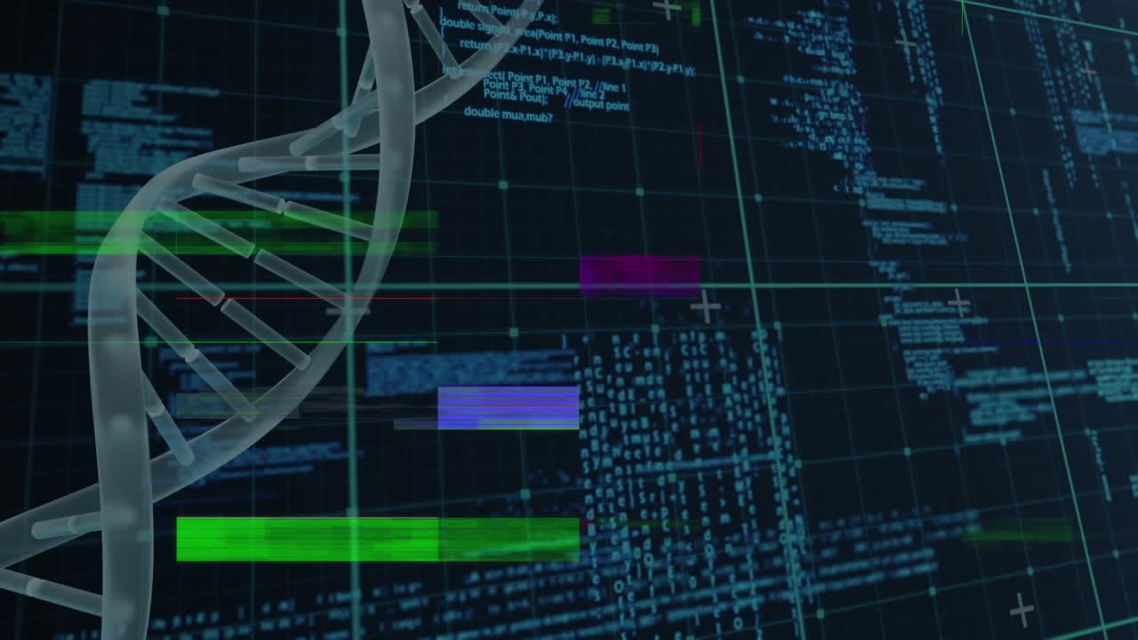 Animation of dna strand with shapes and data processing on black background