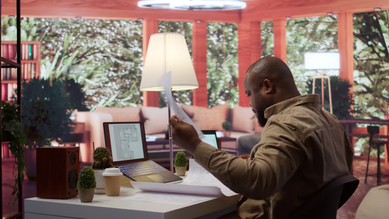 Owner of a tech startup searching for new office spaces by using blueprints