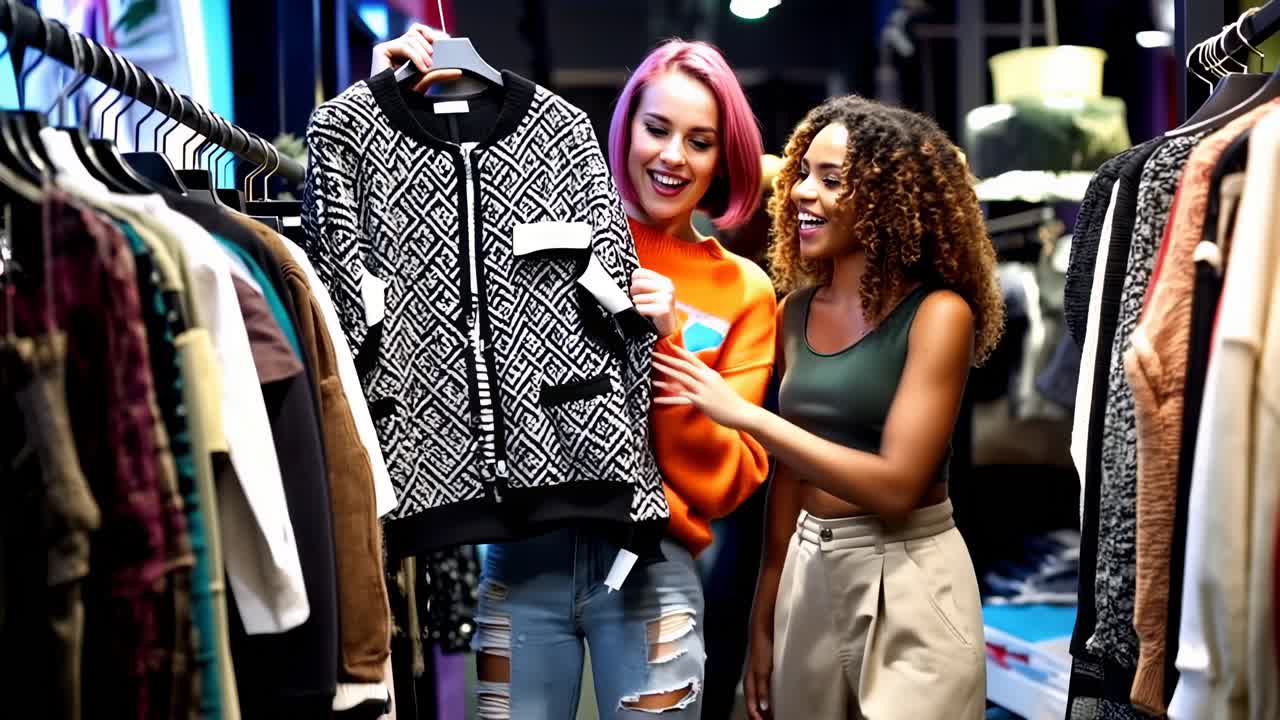 Two women are shopping for clothes in a store