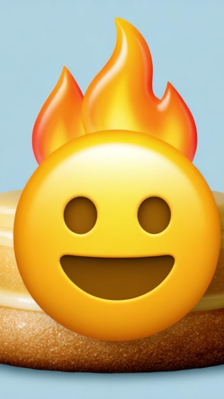 Un'emoji sorridente e allegra con fiamme in cima si trova su una deliziosa base di torta, creando un'esperienza di dessert divertente e visivamente accattivante che attira l'attenzione.