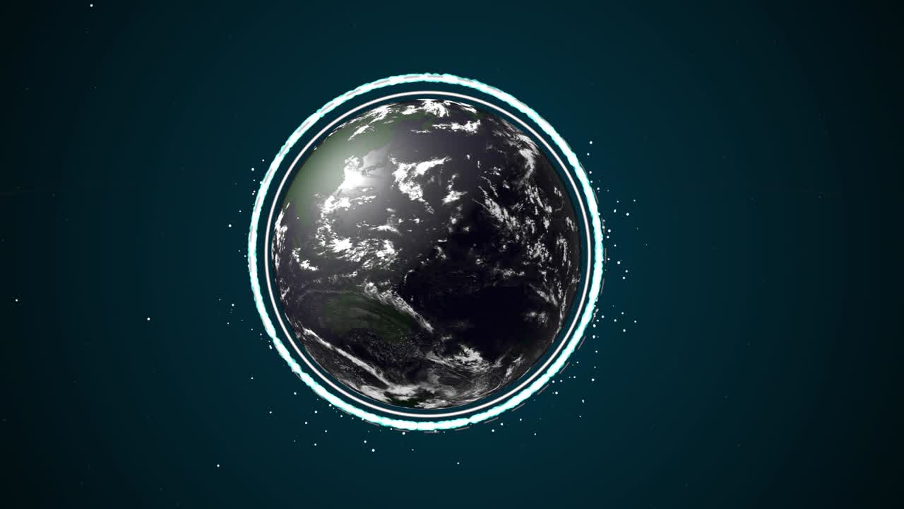 지구와 오존층의 형성은 어두운 녹색 공간 배경 위에 색 추상 입자로 이루어져 있습니다.