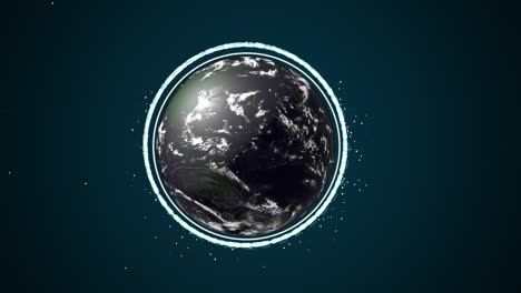 la formación de un planeta y una capa de ozono de partículas abstractas blancas sobre un fondo espacial verde oscuro.