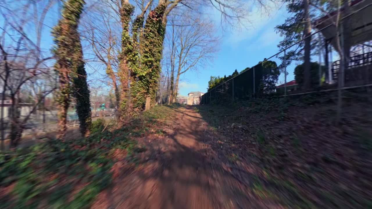 Un'inquadratura FPV a bassa quota di un sentiero sterrato, fiancheggiato da alberi spogli, nell'Elmont Road Park in una giornata di sole. La telecamera si muove in avanti sul sentiero, rasoterra.