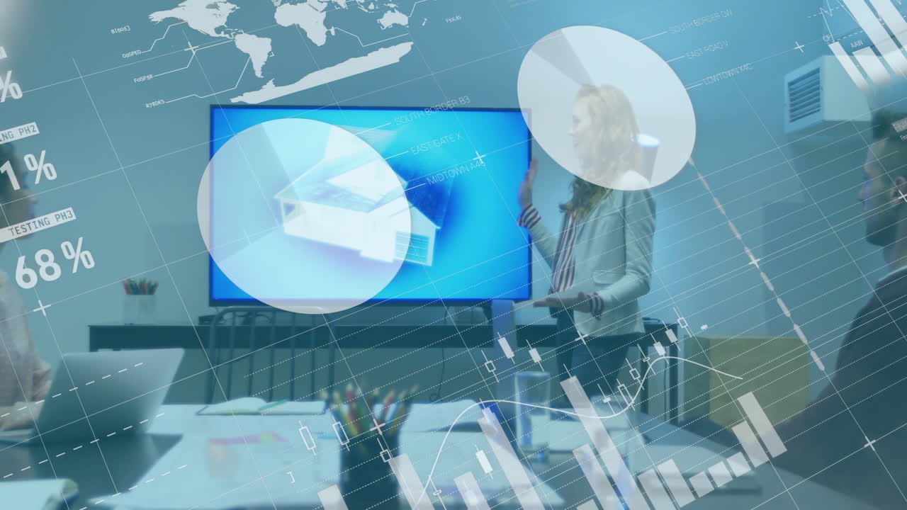 animación del procesamiento de datos financieros sobre diversas personas de negocios en la oficina