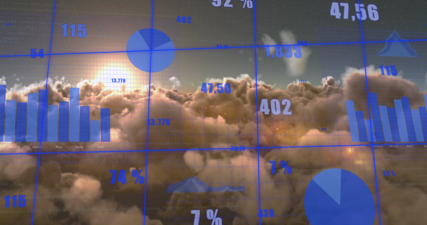Animation of statistical data processing over grid network against clouds and shining sun in the sky