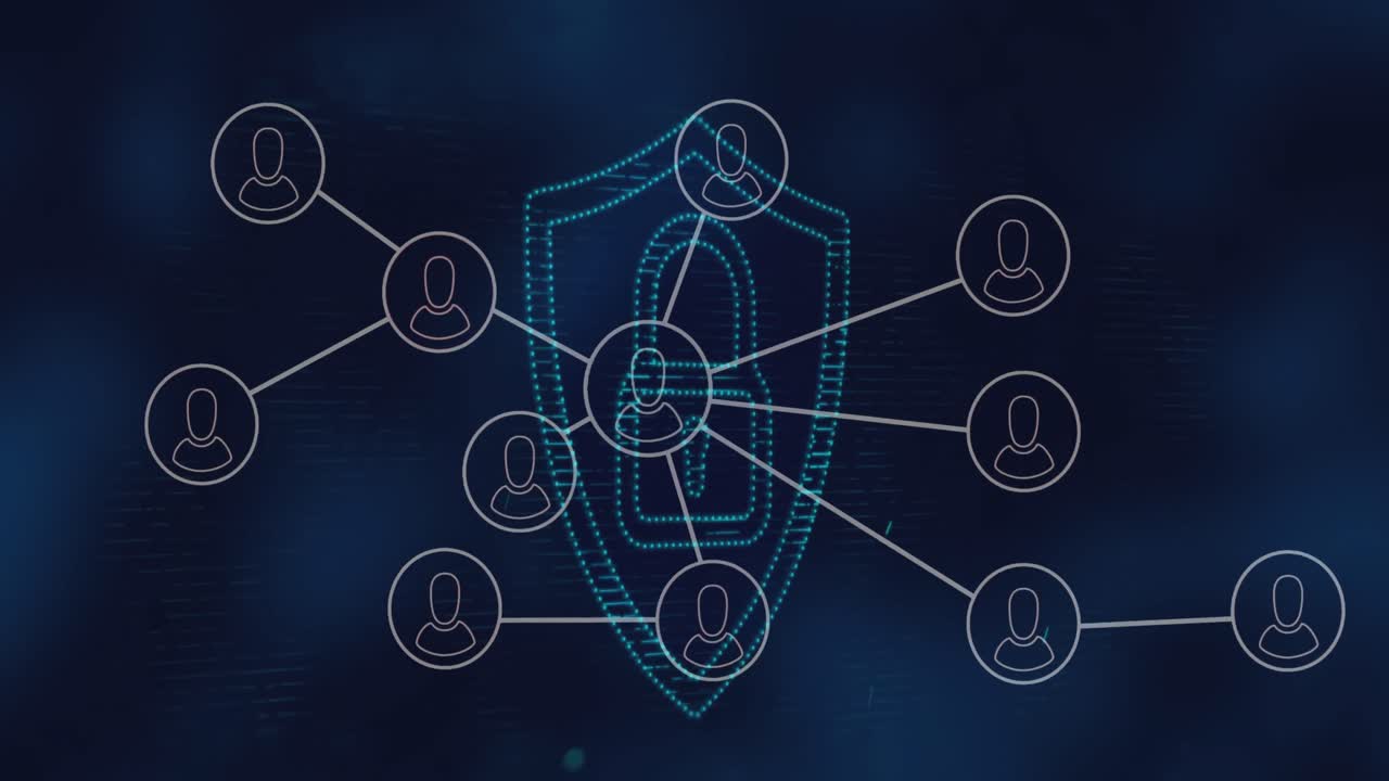 파란색 배경에 있는 보안  ⁇ 락 아이콘 위의 프로필 아이콘 네트워크의 애니메이션