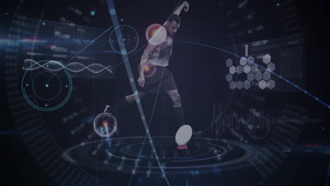 network of connections against male rugby player kicking the ball against data processing