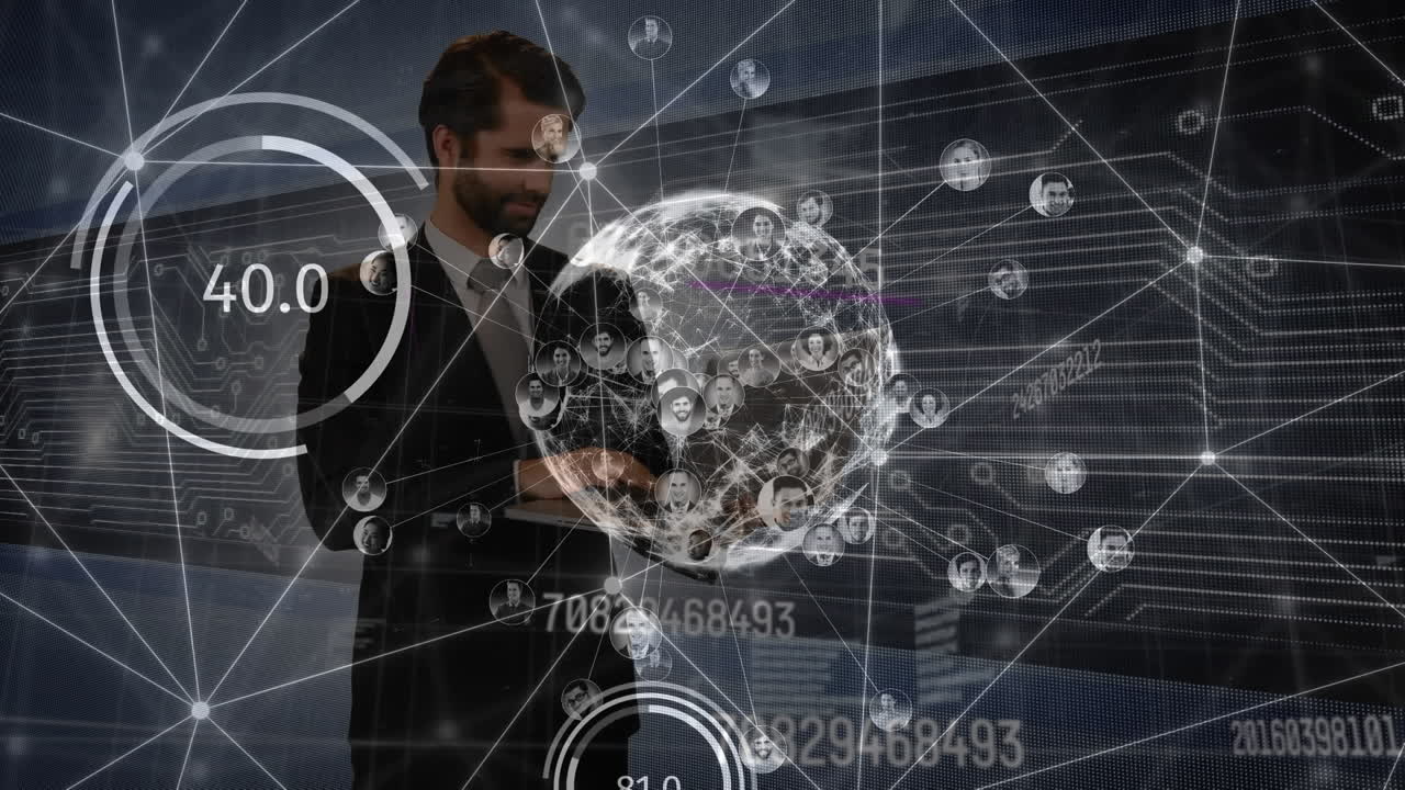 Animation of network of connections with globe over caucasian businessman with smartphone