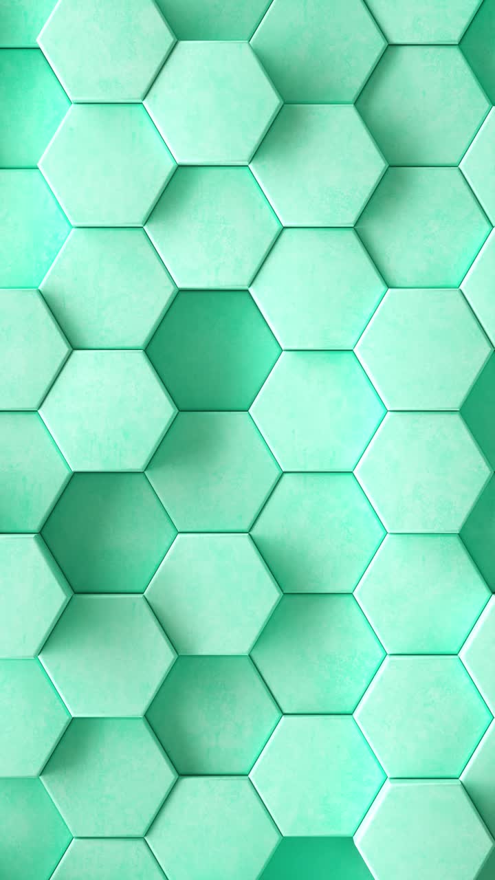 Abstract background of pulsing blue hexagons in wall. 3d loop vertical