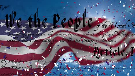 written constitution of the united states with flag and confetti