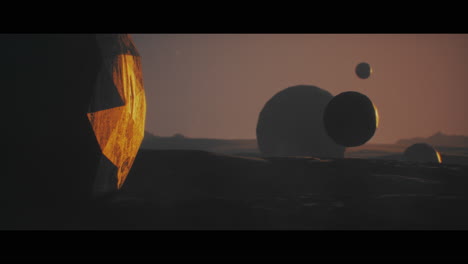 alien planet desert landscape during sunset with strange sphere-shaped buildings